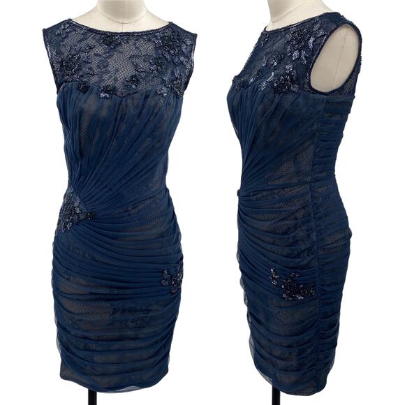 Tadashi Shoji Beaded Lace Overlay Ruched Cocktail Mini Dress Navy Blue Womens 2 - Picture 1 of 9